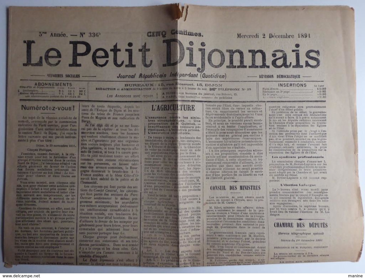 Journal Républicain Independant  - Le Petit Dijonnais - Décembre 1891 - Non Classés