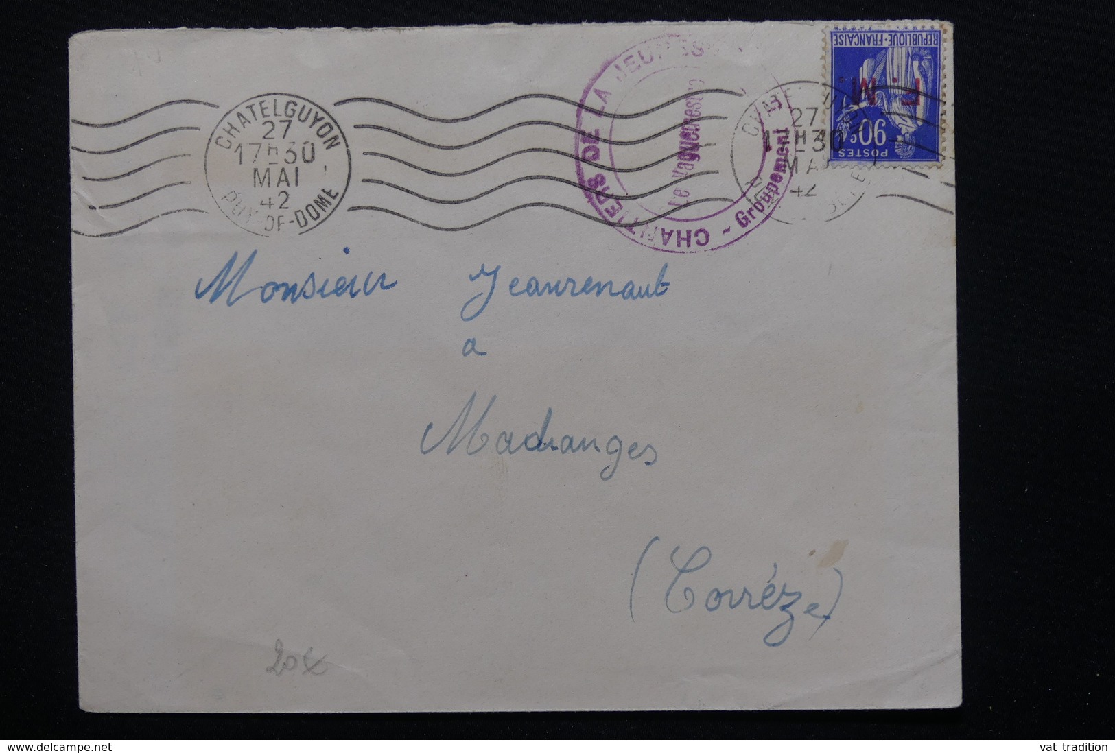 FRANCE - Enveloppe En FM Du Chantier De Jeunesse De Chatelguyon En 1942 Pour Madranges - L 20856 - Guerre De 1939-45