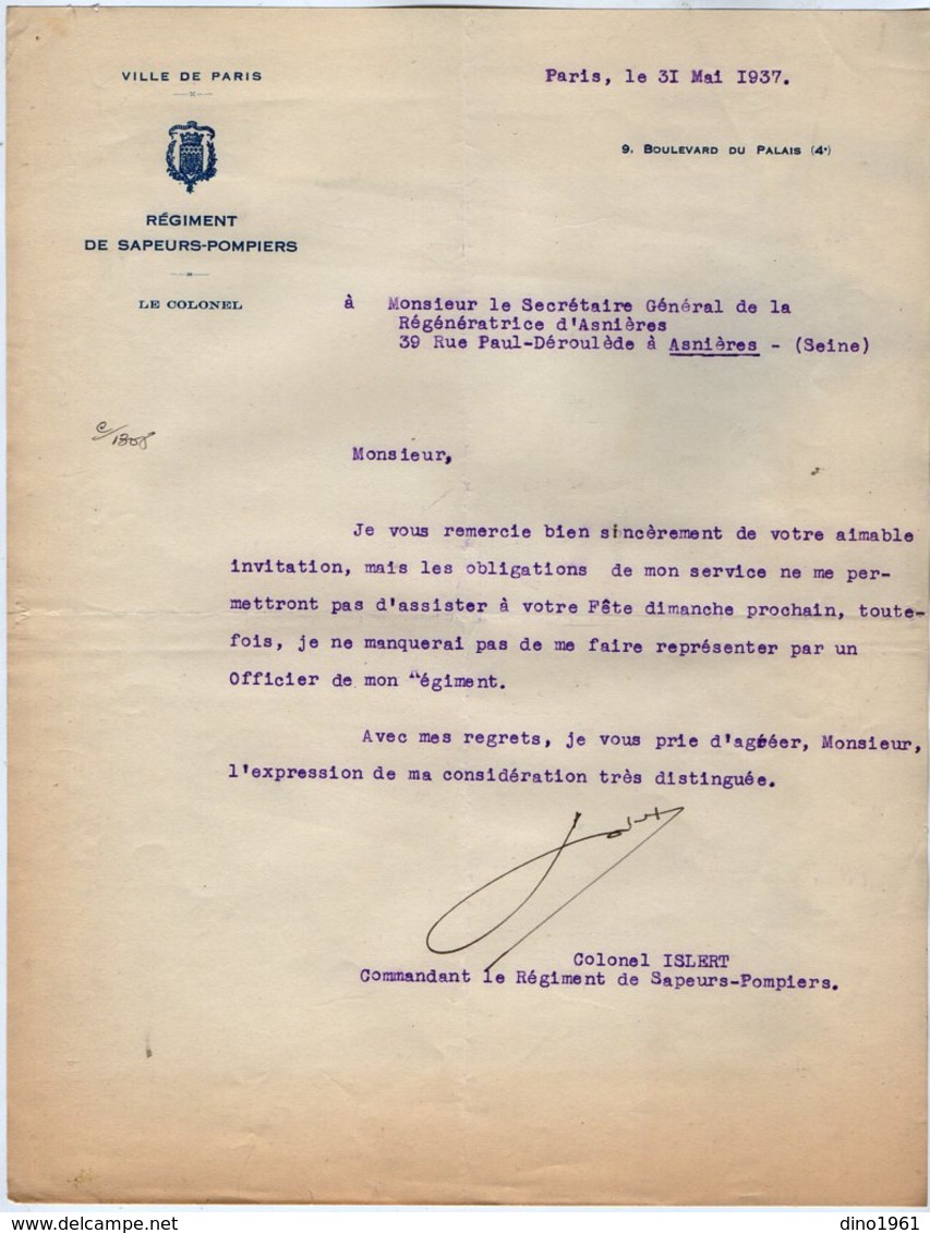 VP14.209 - MILITARIA - Ville De PARIS 1937 - Lettre Du Colonel ISLERT Commandant Le Régiment Des Sapeurs - Pompiers - Brandweer