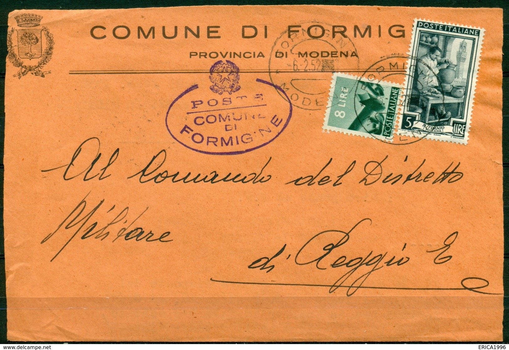 V6802 ITALIA 1952 REPUBBLICA Corrispondenza Tra Sindaci, Lettera Da Comune Di Formigine (Modena) 6.2.52 A Reggio Emilia - 1946-60: Storia Postale