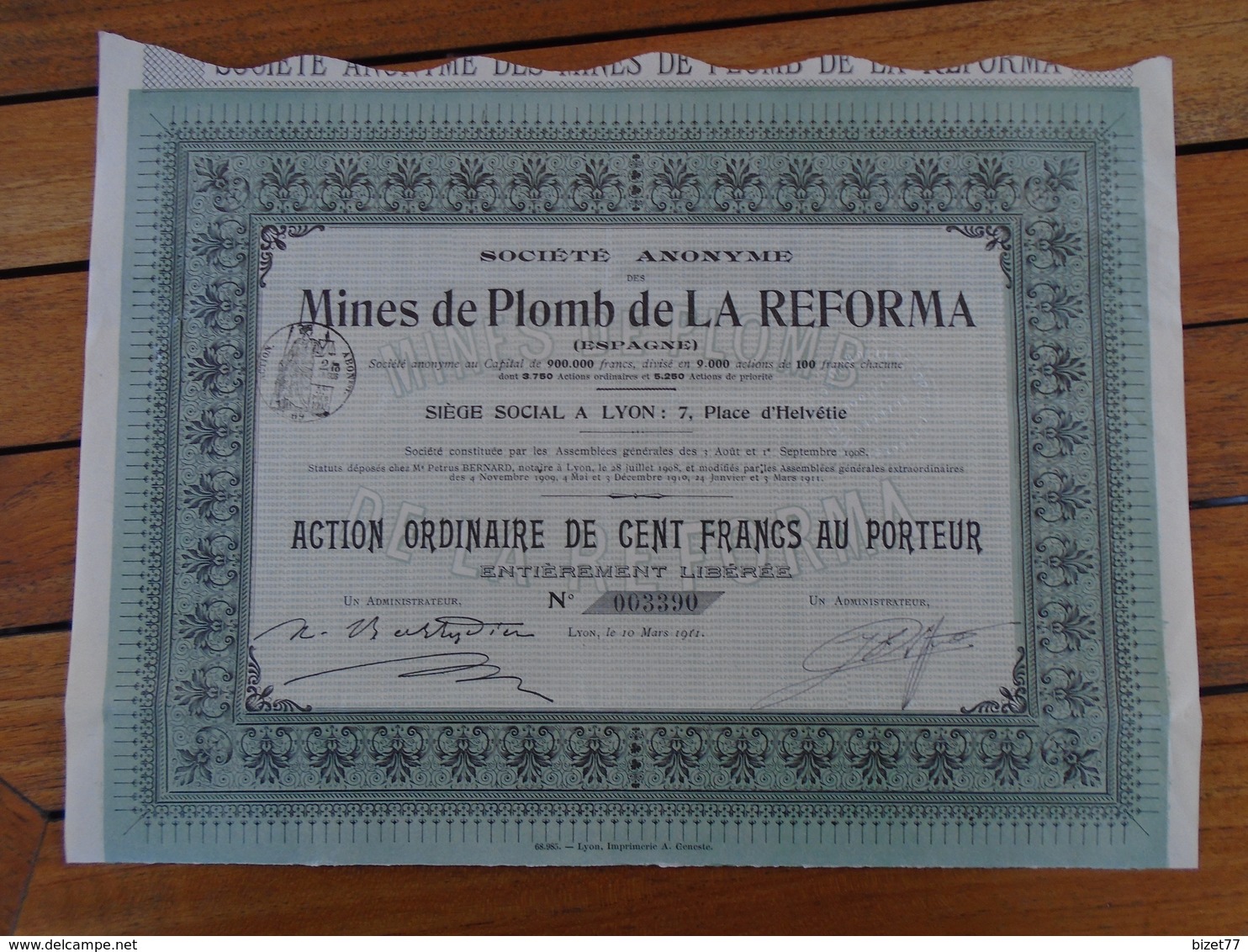 ESPAGNE - MINES DE PLOMB DE LA REFORMA - ACTION ORDINAIRE 100 FRS - LYON 1911 - Autres & Non Classés