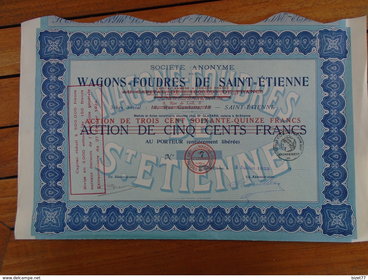 FRANCE - ST ETIENNE - WAGONS FOUDRES - ACTION DE 375 FRS - ST ETIENNE 1923 - Autres & Non Classés