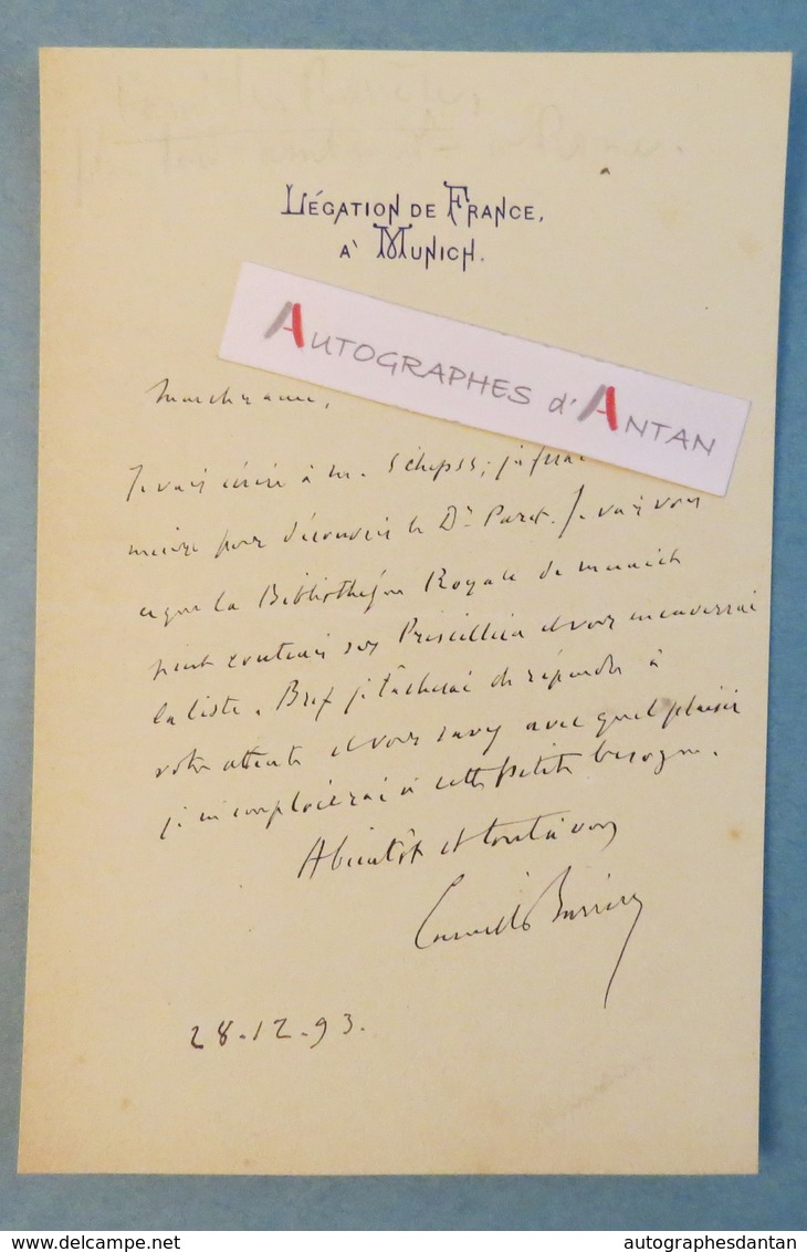 L.A.S 1893 Camille BARRERE Diplomate Né à La Charité Sur Loire - MUNICH Allemagne - Priscillien Lettre Schipss - München - Autres & Non Classés