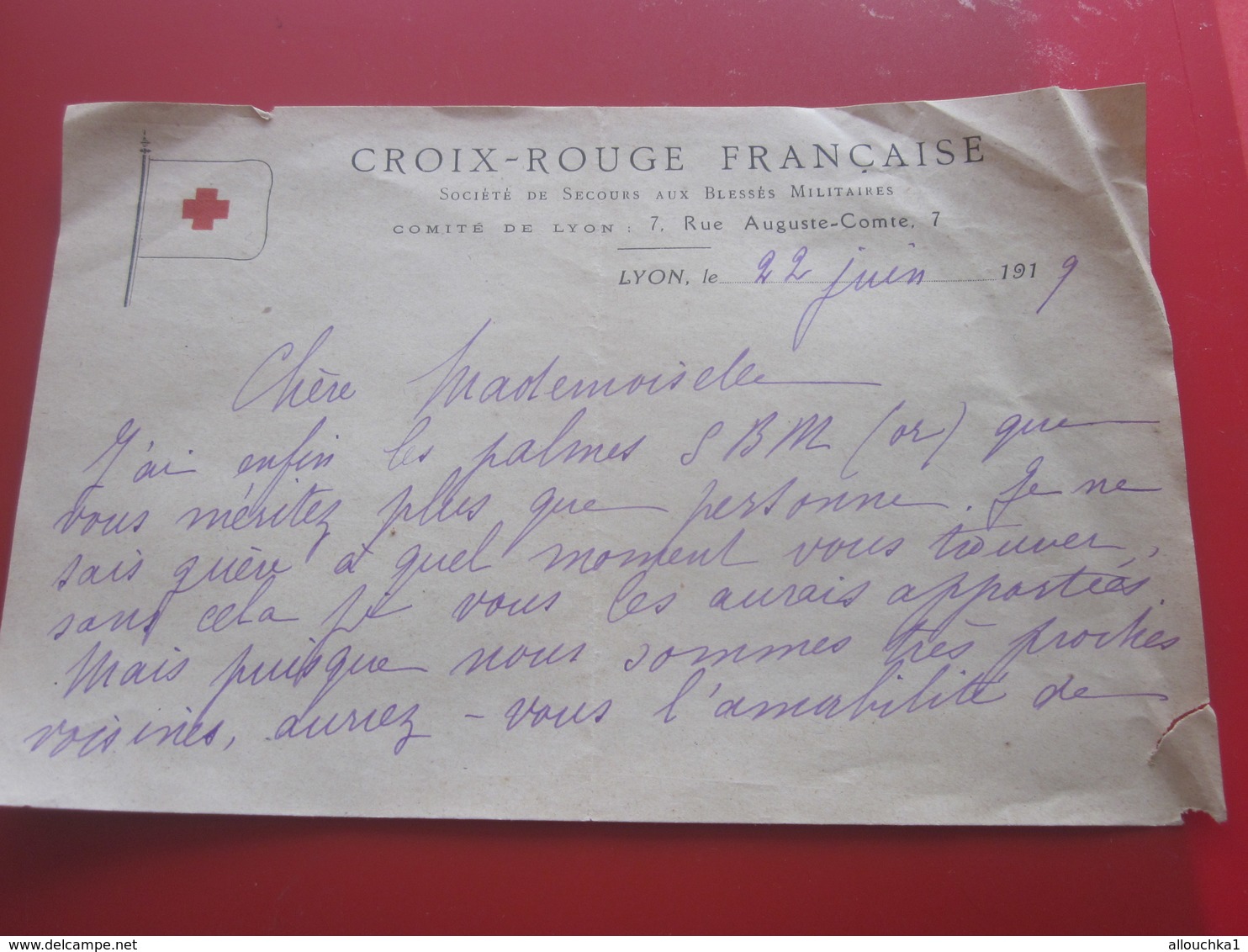 Après Guerre 1919-WW1 LETTRE MANUSCRIT LA CROIX ROUGE FRANÇAISE CHÈRE MELLE J'AI POUR VOUS LES PALMES SBM FORT MÉRITÉES - Manuscrits