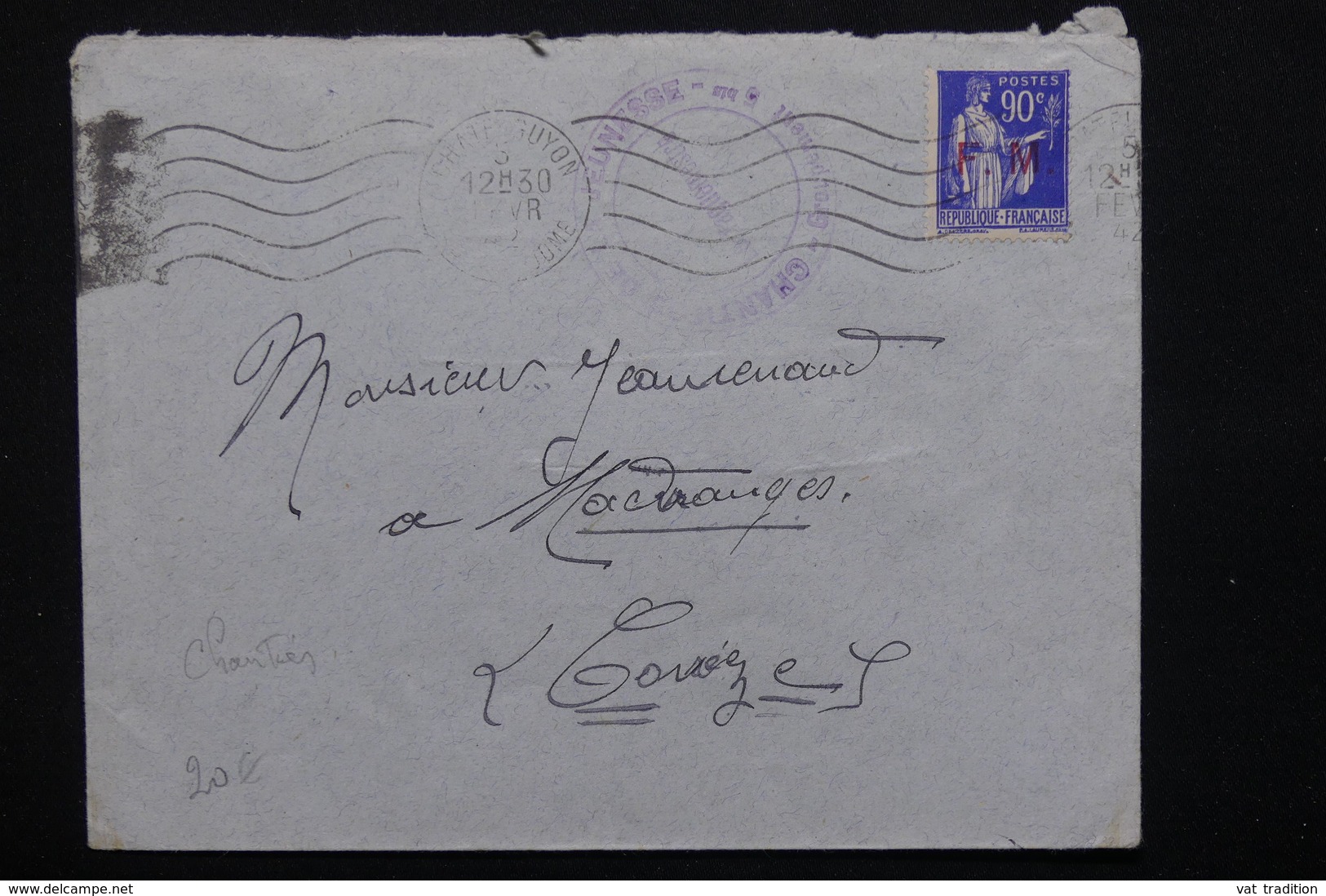 FRANCE - Enveloppe En FM Du Chantier De Jeunesse à Chatelguyon En 1942 Pour Madranges - L 20861 - Guerre De 1939-45