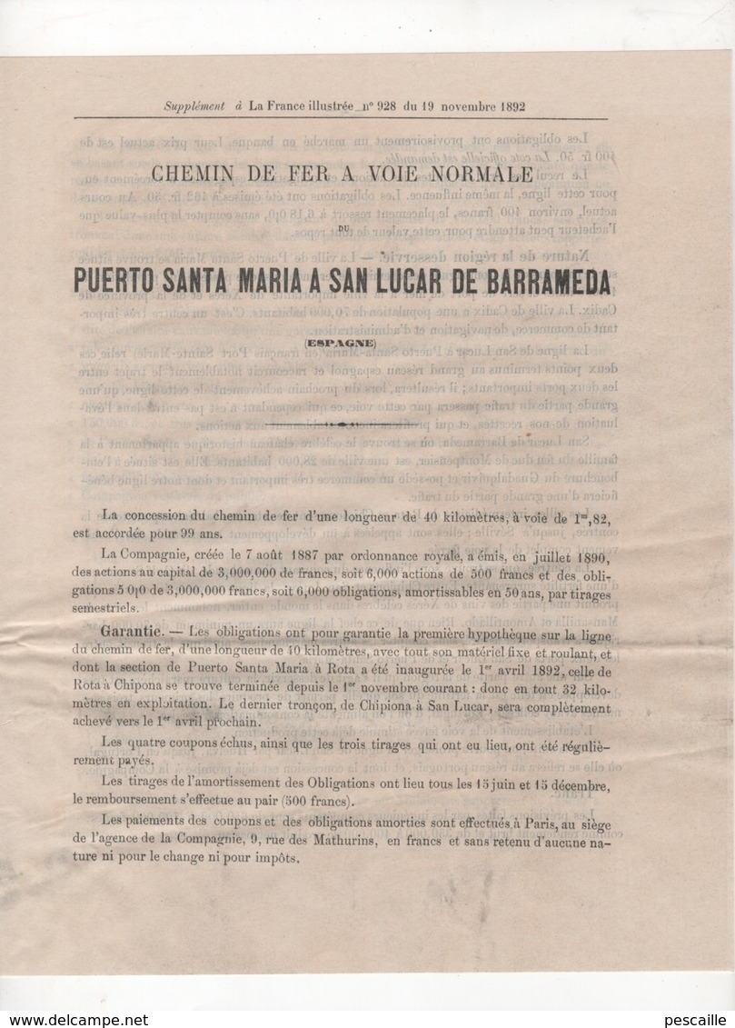 1892 PUBLICITE CHEMIN DE FER A VOIE NORMALE DE PUERTO SANTA MARIA A SAN LUCAR DE BARRAMEDA ESPAGNE ANDALUCIA CADIX - Bahnwesen & Tramways