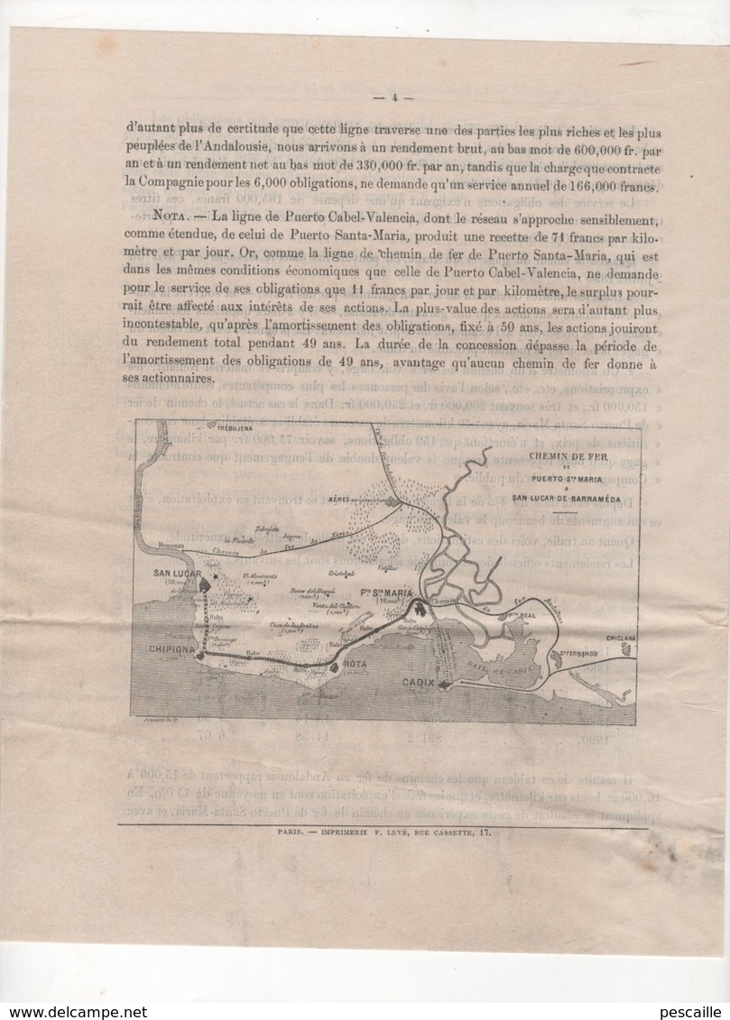 1892 PUBLICITE CHEMIN DE FER A VOIE NORMALE DE PUERTO SANTA MARIA A SAN LUCAR DE BARRAMEDA ESPAGNE ANDALUCIA CADIX - Bahnwesen & Tramways