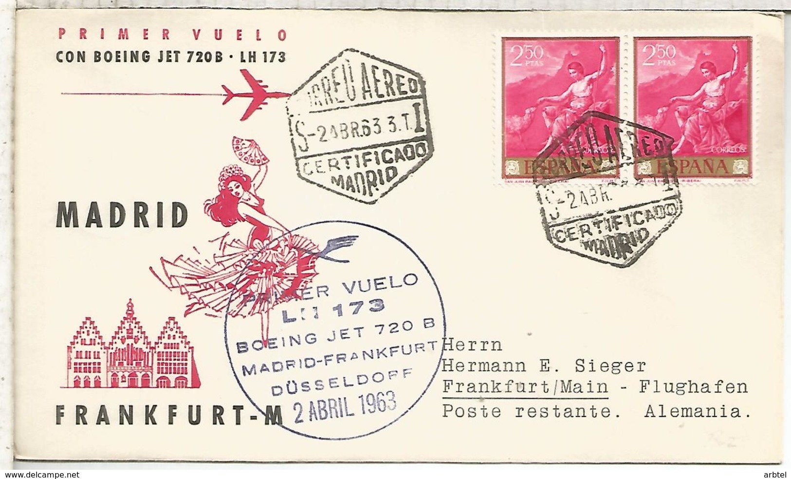 CC PRIMER VUELO MADRID FRANKFURT 1963 LUFTHANSA - Covers & Documents