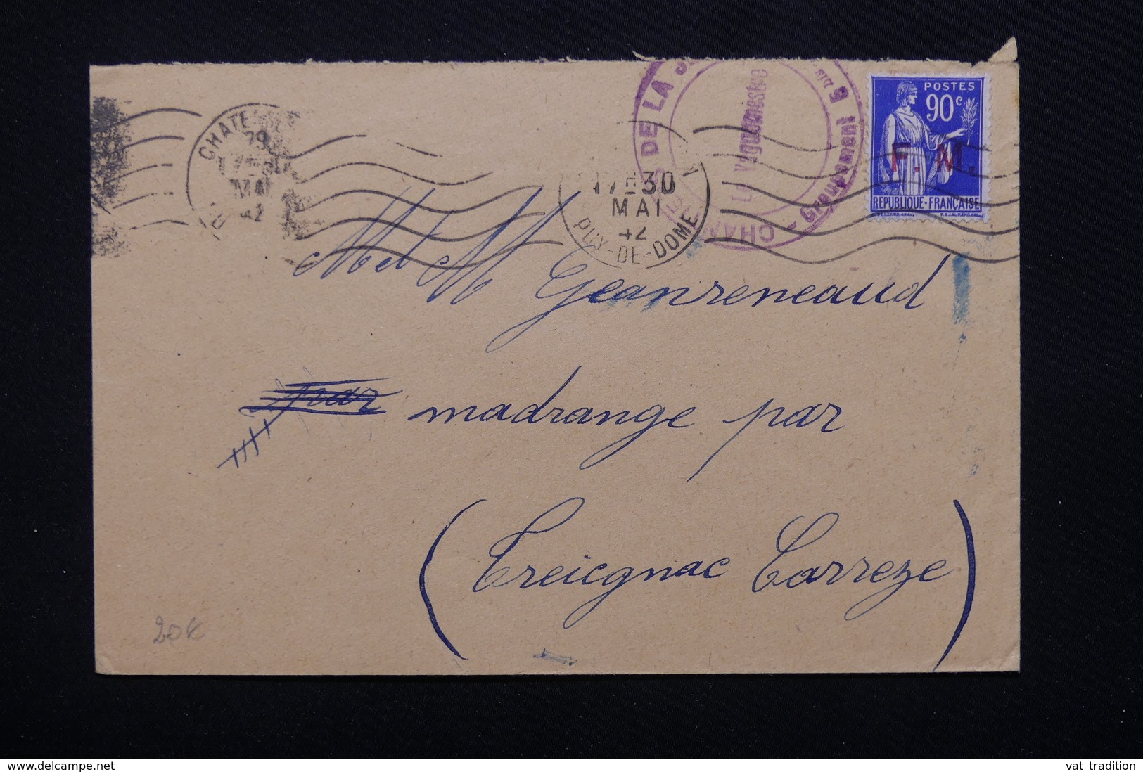 FRANCE - Enveloppe En FM Du Chantier De Jeunesse à Chatelguyon En 1942 Pour Madranges - L 20864 - Guerre De 1939-45