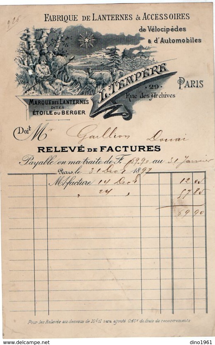 VP14.211 - Facture - Fabrique De Lanternes & Accessoirs De Vélocipèdes & D'Automobiles L. TEMPERE à PARIS - 1800 – 1899