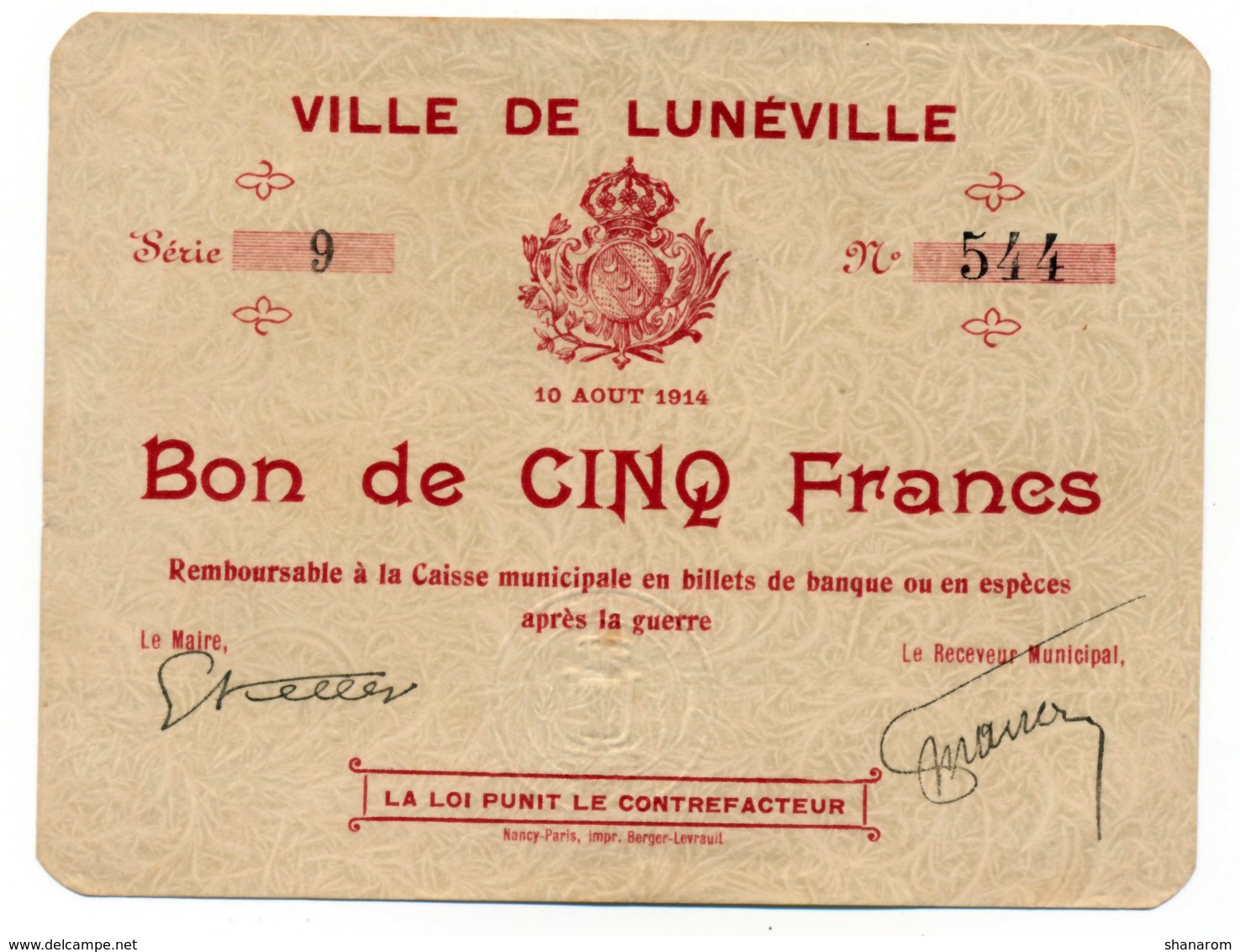 1914-918 // Meurthe Et Moselle // Ville De LUNÉVILLE // 10 Août 1914 // Bon De 5 Francs - Bons & Nécessité