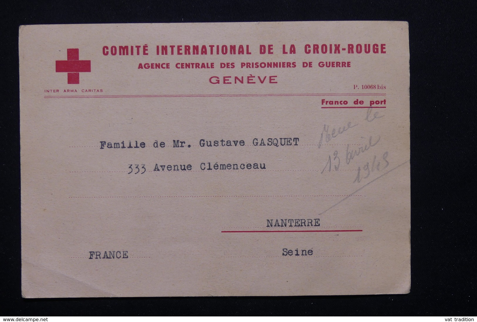 FRANCE - Carte Croix Rouge De Genève Pour Nanterre En 1945 , Renseignement De Prisonnier - L 20869 - Guerre De 1939-45