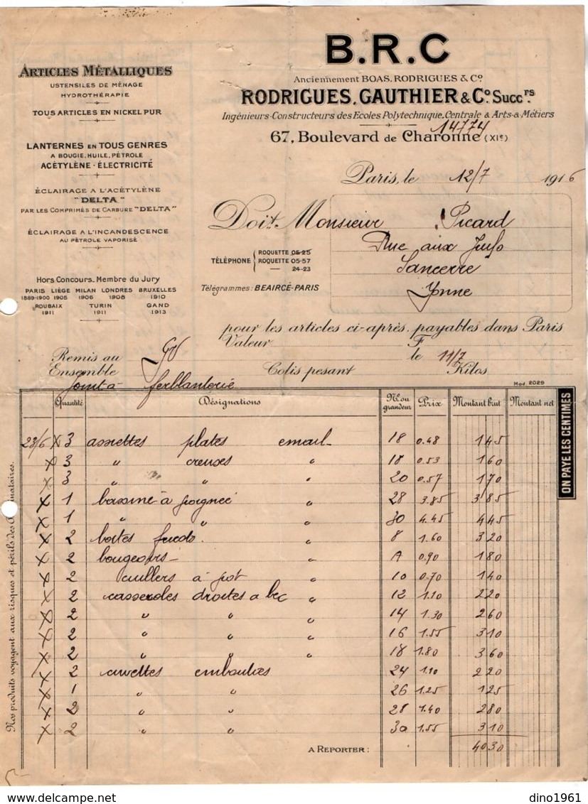 VP14.212 - Facture - Articles Métalliques .....Lanternes ...B.R.C RODRIGUES , GAUTHIER & Cie à PARIS Boulevard Charonne - 1900 – 1949