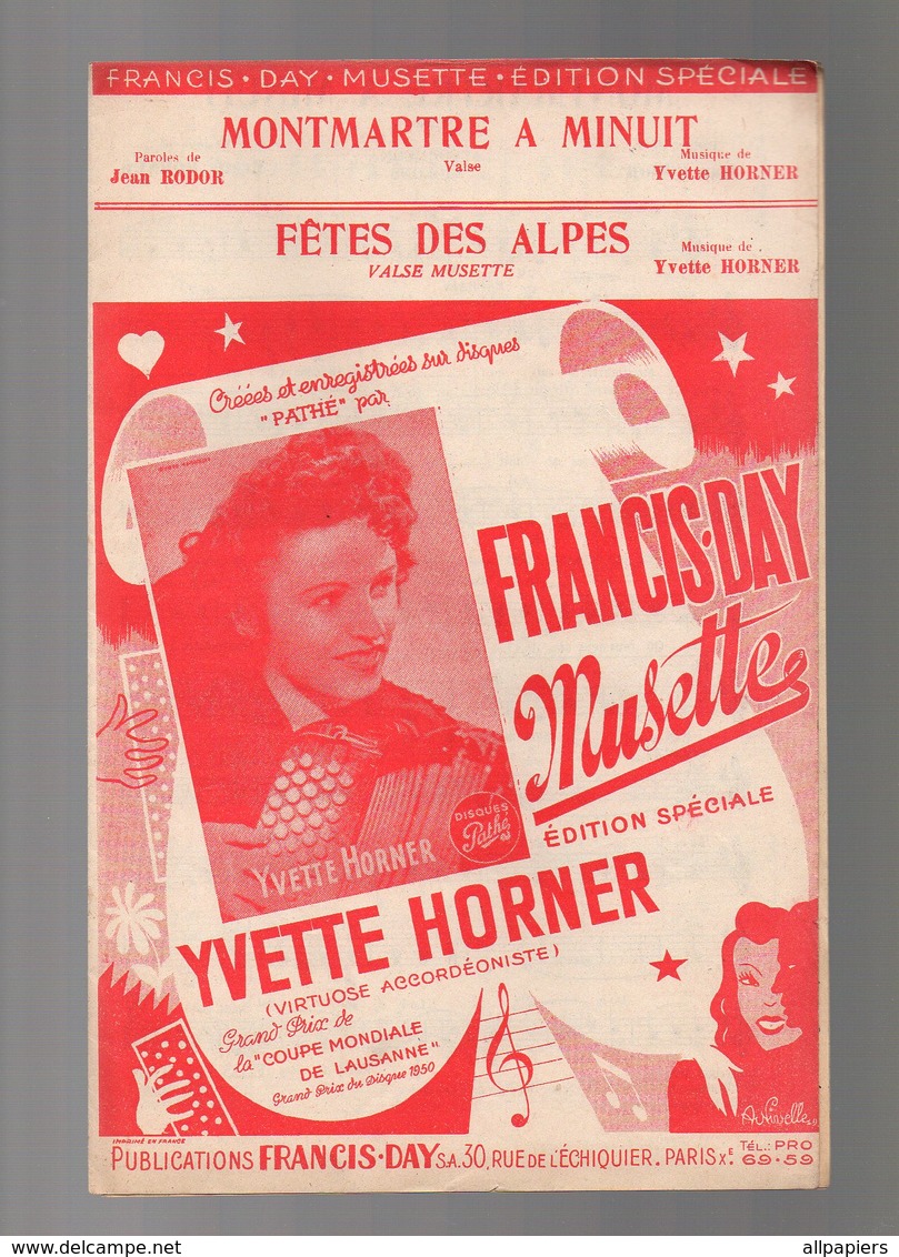 Partition Fêtes Des Alpes Valse Musette Et Montmartre à Minuit Valse Par Yvette Horner De 1951 - Opéra