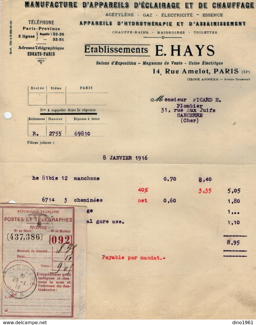 VP14.213 - Facture - Manufacture D'Appareils D'Eclairage Et De Chauffage Etablissements E. HAYS à PARIS Rue Amelot - Elektriciteit En Gas