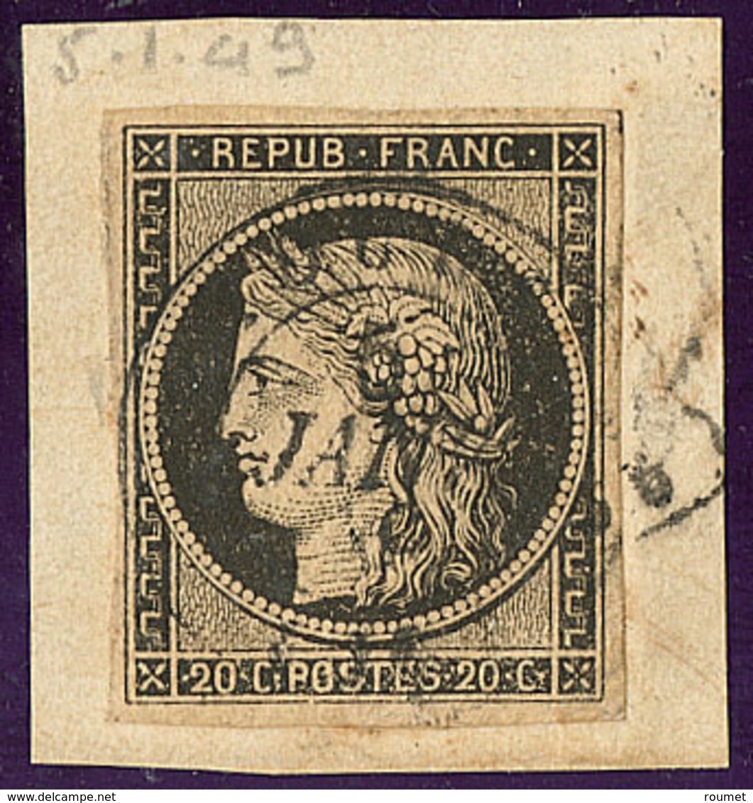 Oblitérations Sur 20c Noir. Cad Noir Type 15. 5 Janvier De Tours, Sur N°3 Sur Support. - TB - 1849-1850 Cérès
