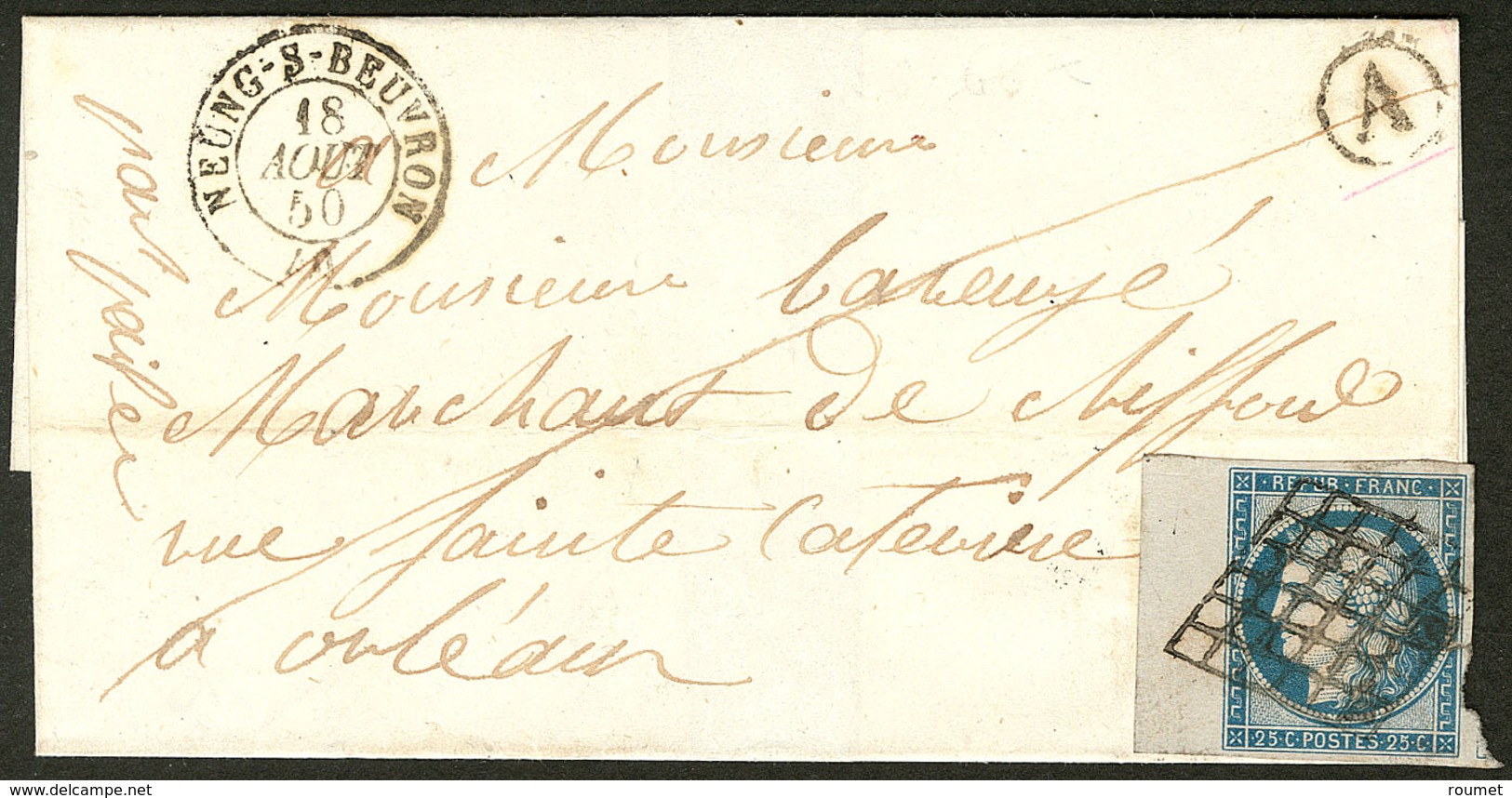 Lettre No 4, Bdf, Obl Grille Sur Lettre De Meung Sur Beuvron Août 50 Pour Orléans. - TB - 1849-1850 Cérès