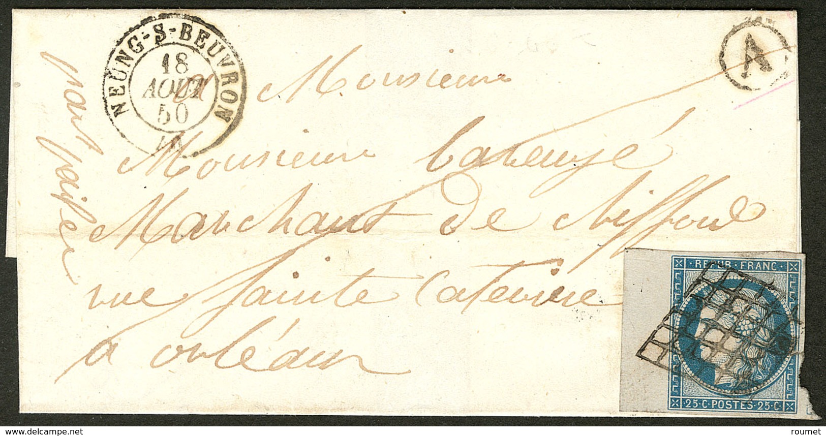 Lettre No 4, Bdf, Obl Grille Sur Lettre De Meung Sur Beuvron Août 50 Pour Orléans. - TB - 1849-1850 Ceres