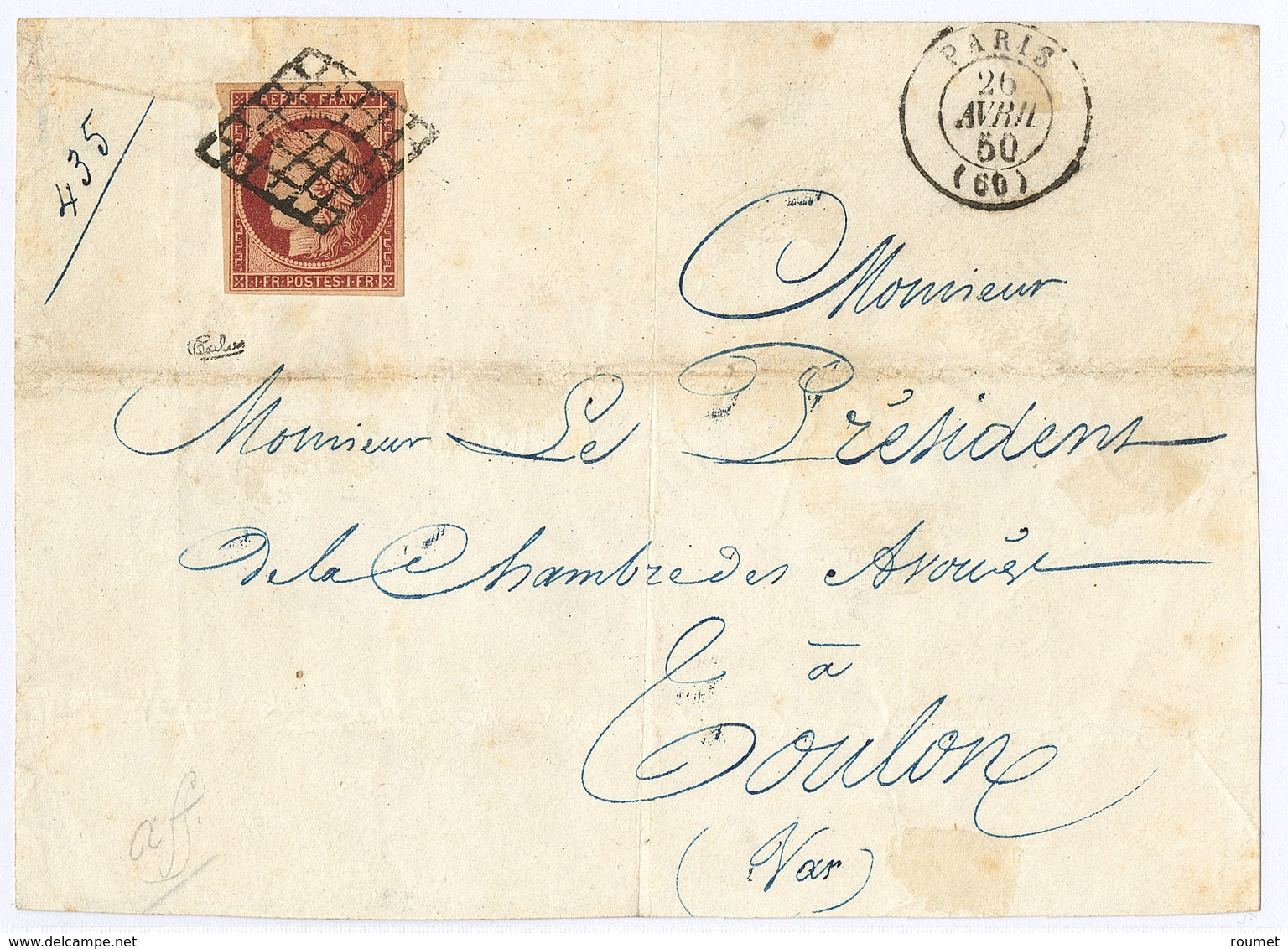 Lettre No 6B, Obl Grille Sur Devant De Lettre D'Avril 50. - TB. - R - 1849-1850 Cérès