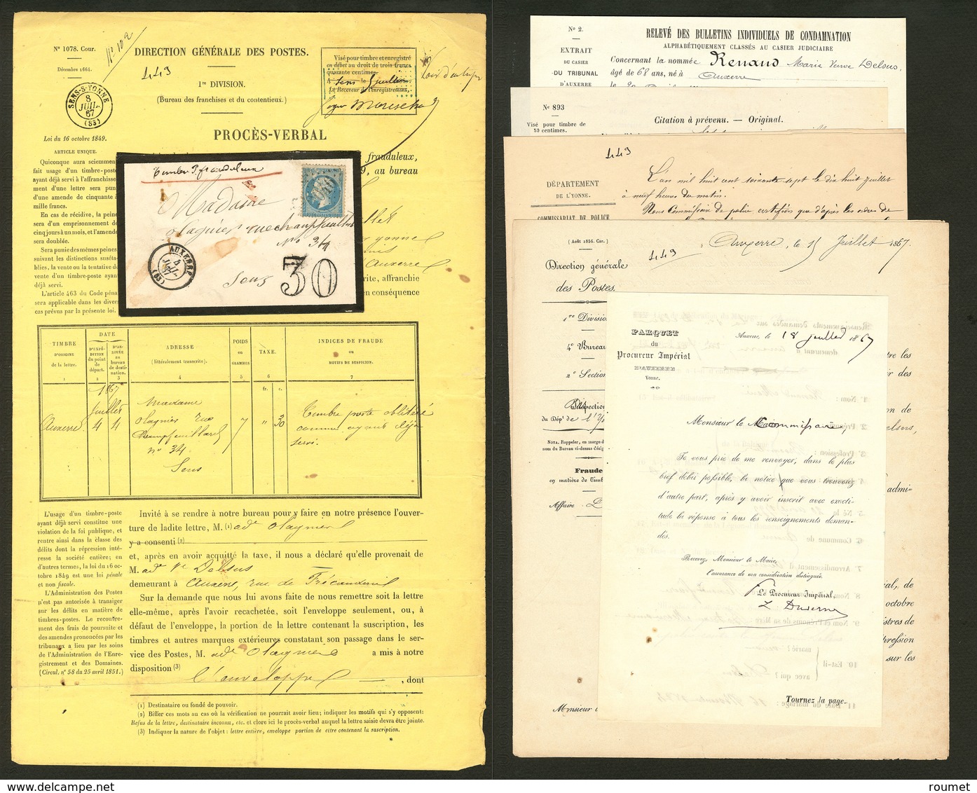 Lettre Utilisation Frauduleuse. No 22, Réutilisé Sur Enveloppe D'Auxerre Juil 67 Avec Taxe DT 30, + Le Dossier Judiciair - 1862 Napoléon III