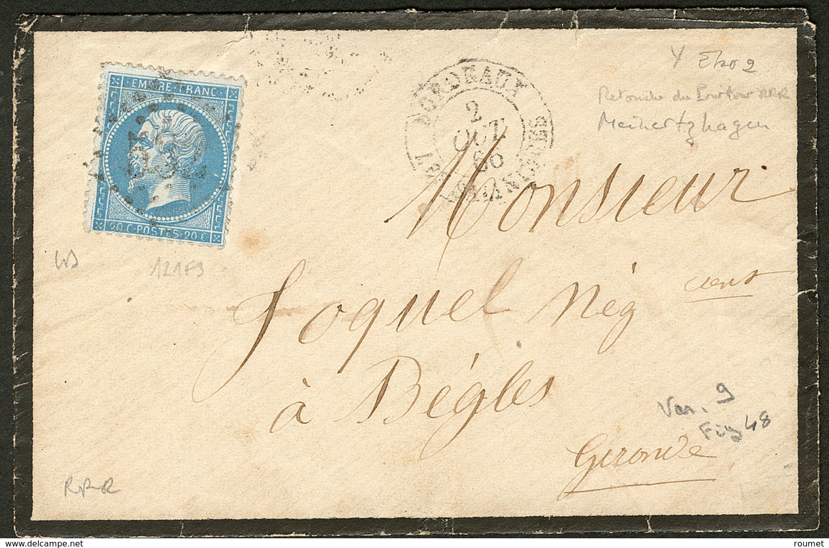 Lettre Retouche De Meinerzhagen. No 22, Case 121F3 (2°état), Obl Gc Sur Enveloppe Avec Texte De Bordeaux Oct 66. - TB. - - 1862 Napoleon III