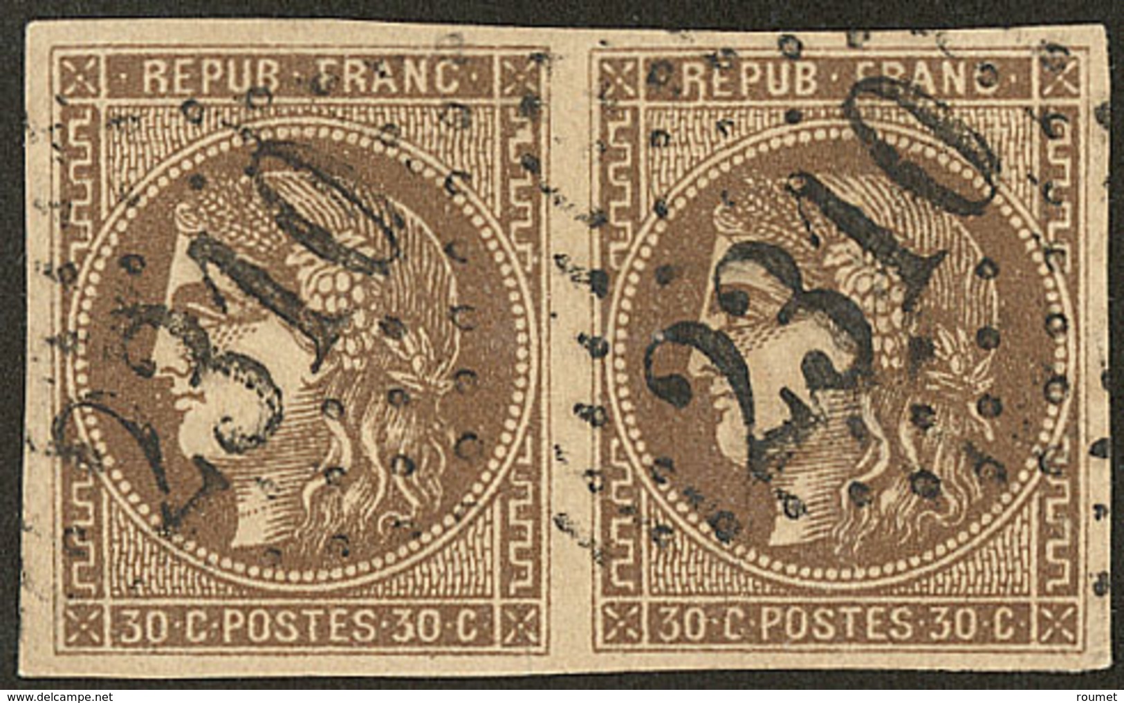 "R" Relié Au Cadre. No 47e, En Paire Avec Normal, Pos. 1-2, Obl Gc 2310. - TB - 1870 Bordeaux Printing