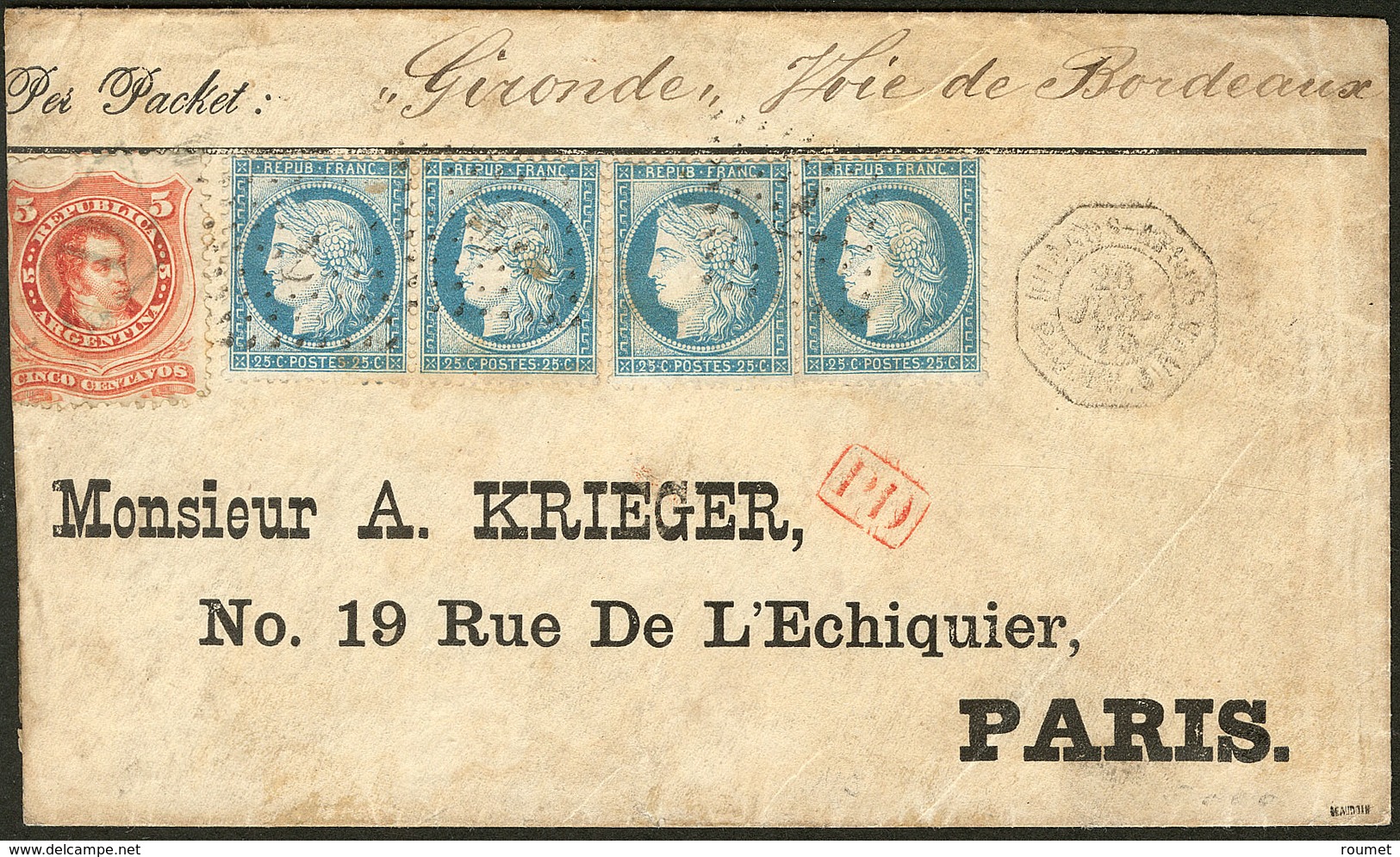 Lettre Afft Mixte France-Argentine. Nos 60C (paire + Deux Ex) Obl Ancre + Arg. 18, Sur Enveloppe Avec Cachet Maritime Po - 1871-1875 Cérès