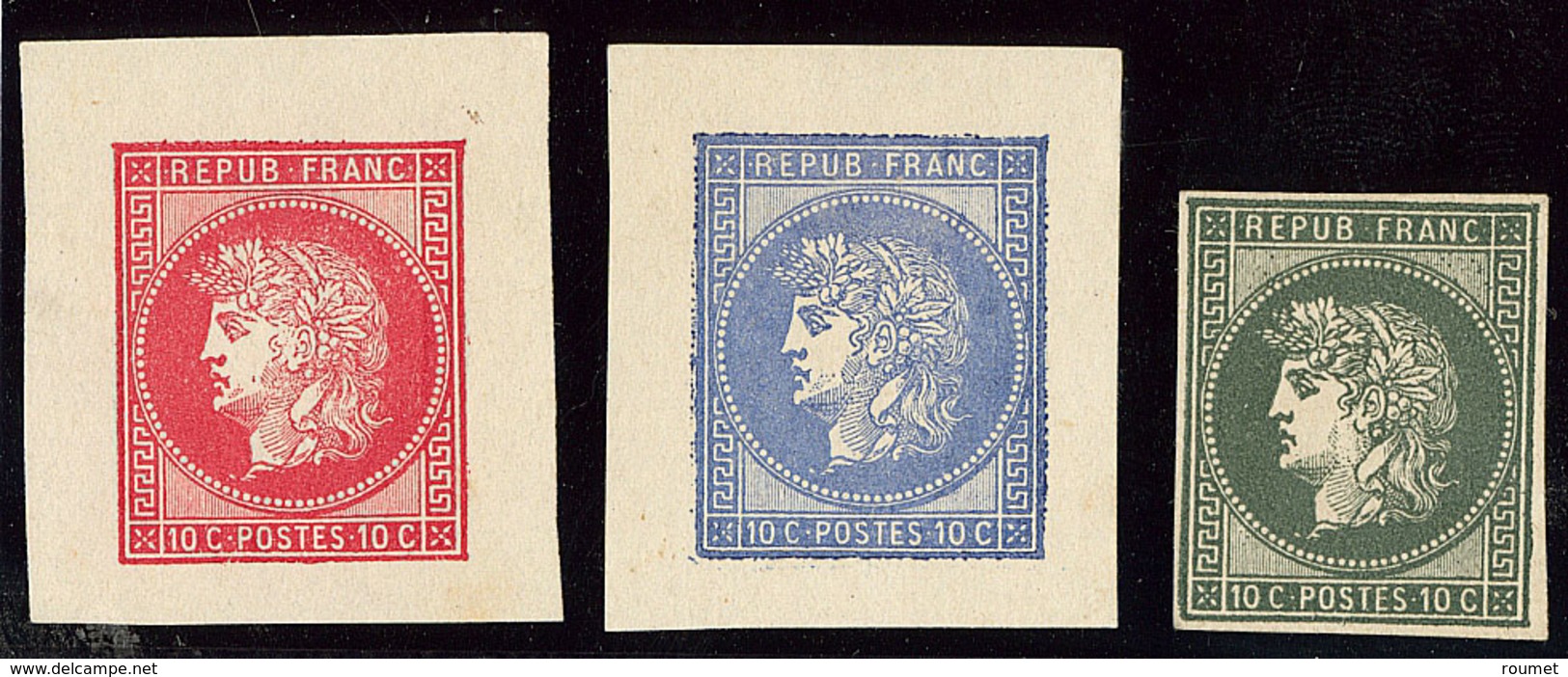 (*) Essais Gaiffe 1876. 3 Essais "10c" En Rouge, Bleu Et Vert. - TB (cote Maury) - 1871-1875 Cérès