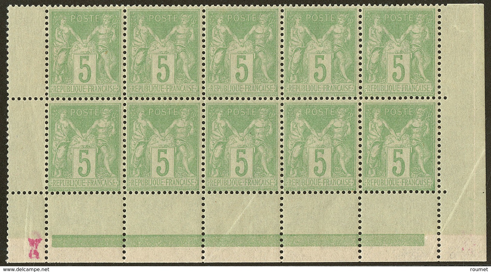 ** No 102, Vert-jaune, Bloc De Dix Bas De Feuille, Très Frais. - TB - 1876-1878 Sage (Type I)