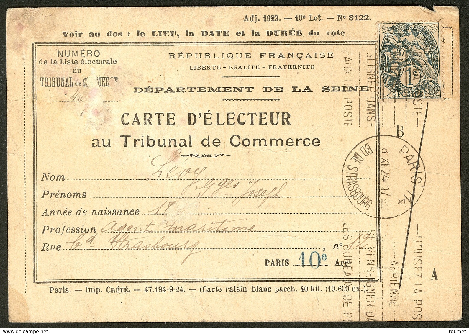 Lettre Blanc. No 107, Seul Sur Carte D'électeur (pd) De Paris Nov 24. - TB - Andere & Zonder Classificatie