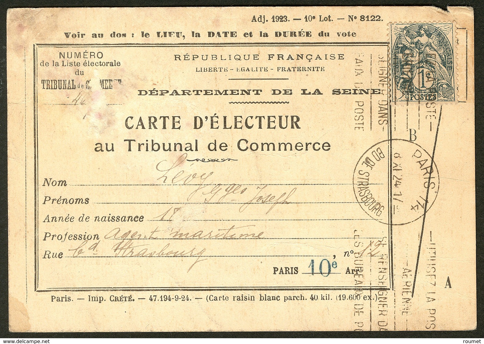 Lettre Blanc. No 107, Seul Sur Carte D'électeur (pd) De Paris Nov 24. - TB - Other & Unclassified