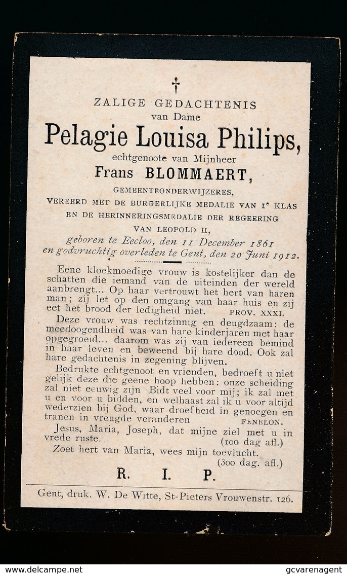 PELAGIE PHILIPS  GEMEENTEONDERWIJZERES EEKLO 1861  GENT 1912 - Esquela