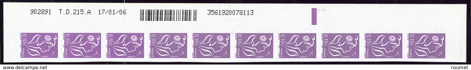 ** Non Dentelés. No 3732b, Bande Verticale De Dix Cdf Avec Inscriptions Marginales TD 215A 17/01/06, Superbe (cote Maury - 2004-2008 Marianne Of Lamouche