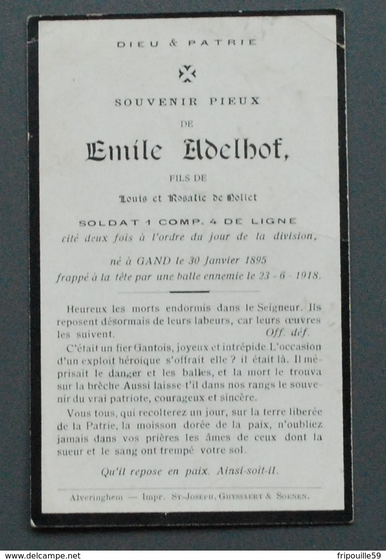 Image Mortuaire - Emile Adelhof, Fils De Louis Et Rosalie De Mollet - Soldat 1 Comp. 4 De Ligne - Gand, 1895/ 1918 - Documents