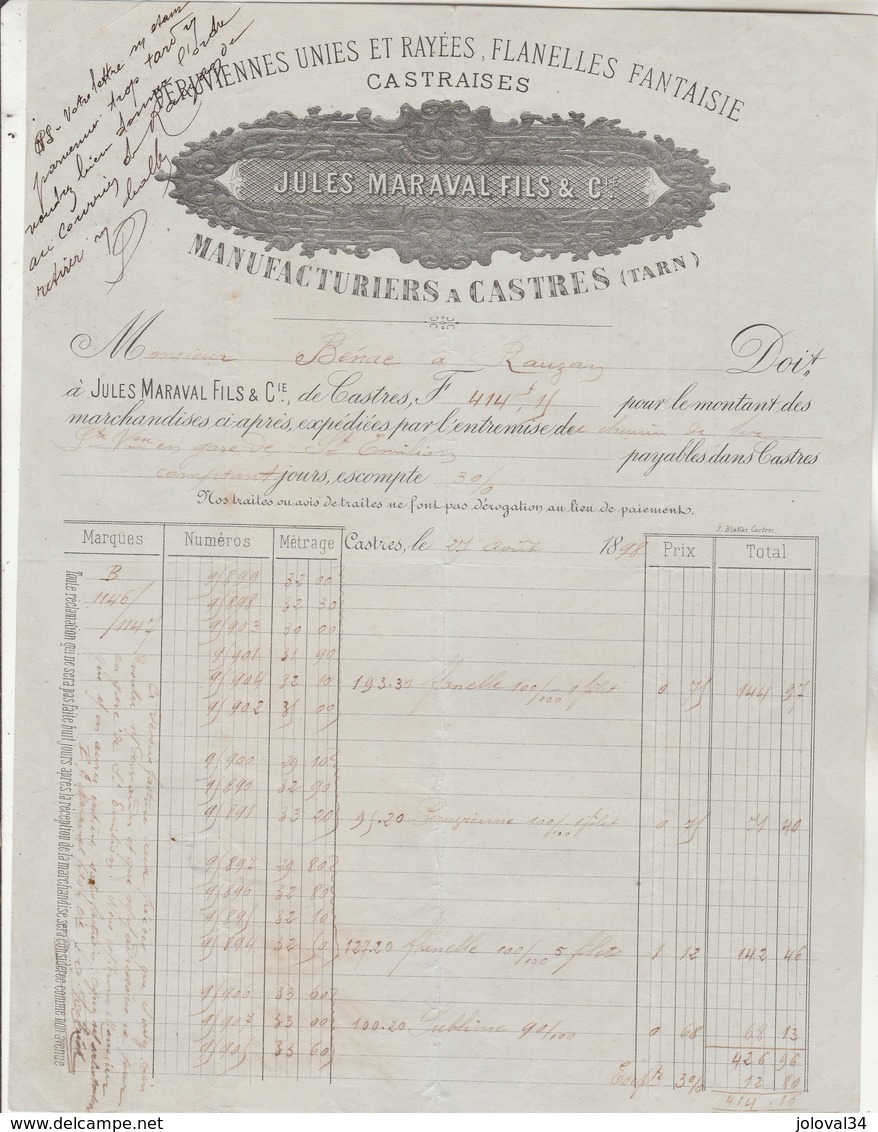 Facture Illustrée 27/8/1898 MARAVAL Péruviennes Flanelles  CASTRES Tarn Pour Bénac à Rauzan Gironde - 1800 – 1899