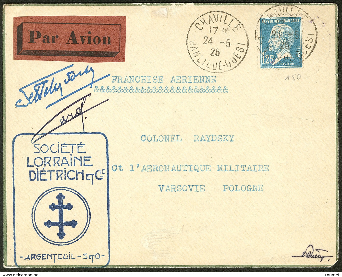 Lettre Aérogrammes. Raid Paris-Pekin 24 Mai 1926, Accidenté à Varsovie. Enveloppe Afft 180, Avec Signatures Et CS Lorrai - First Flight Covers