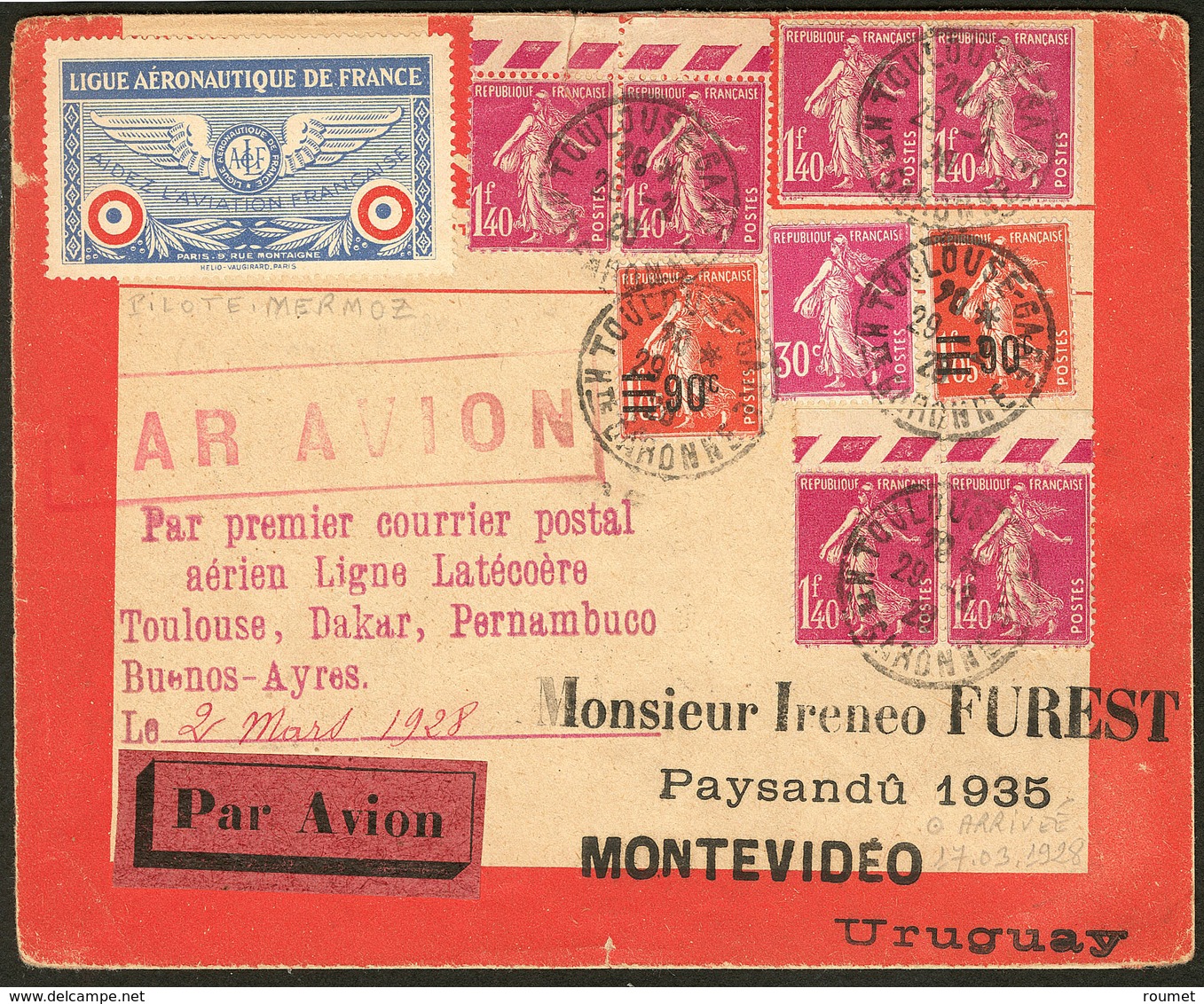 Lettre Aérogrammes. 1er Courrier Postal Aérien Latécoère Toulouse Buenos-Aires 2 Mars 1928. Enveloppe Afft 191 + 196(6)  - First Flight Covers