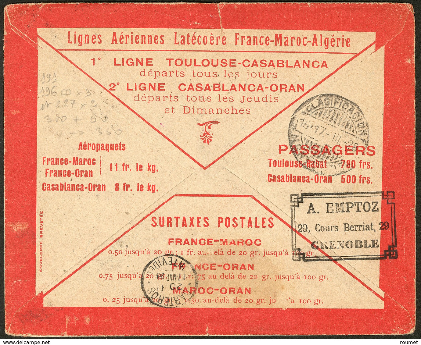 Lettre Aérogrammes. 1er Courrier Postal Aérien Latécoère Toulouse Buenos-Aires 2 Mars 1928. Enveloppe Afft 191 + 196(6)  - Eerste Vluchten