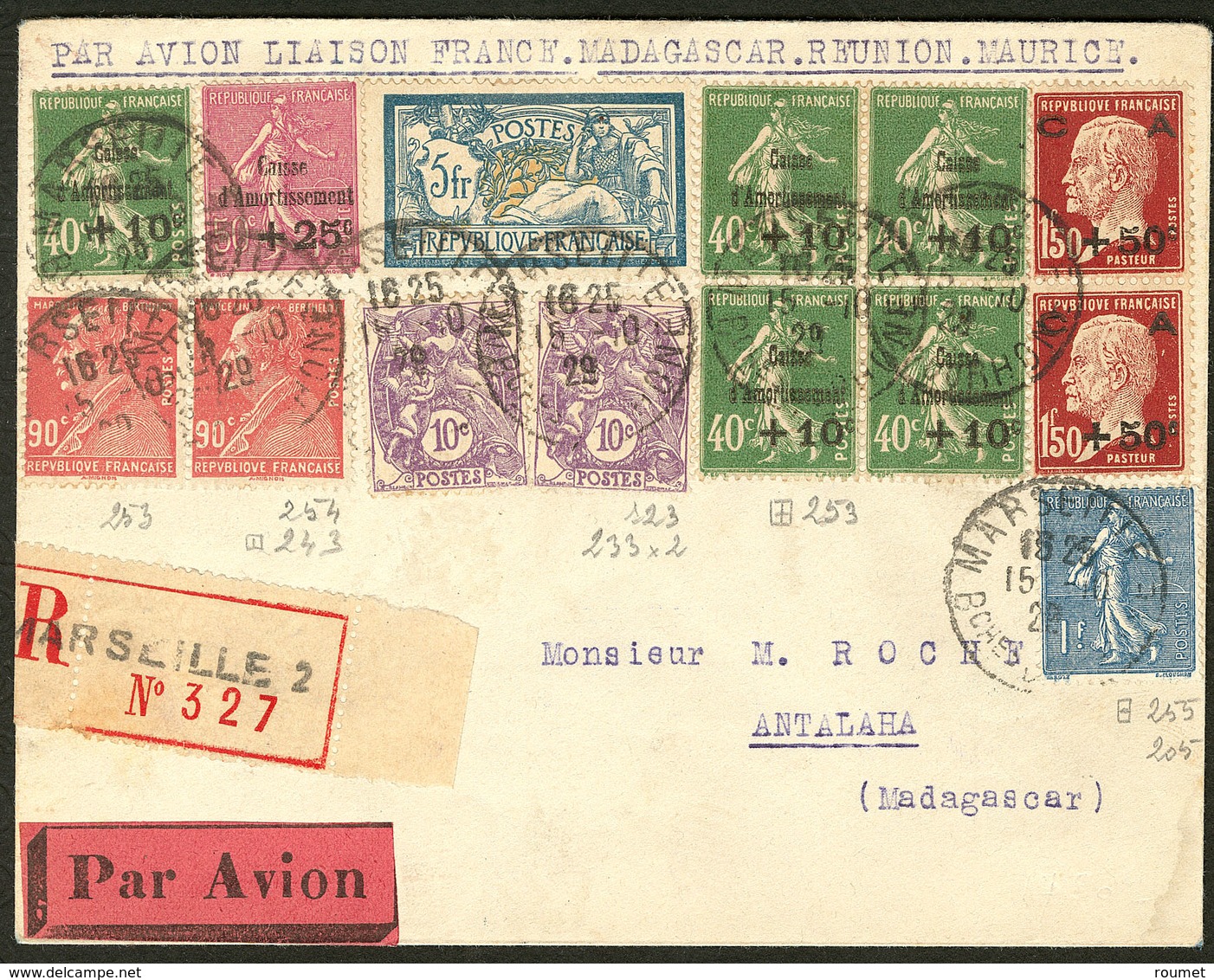 Lettre Aérogrammes. France-Madagascar 15 Août 29. Afft 253 (bloc De Quatre + Un) + 254 + 255 Paire Verticale + Divers Su - Premiers Vols