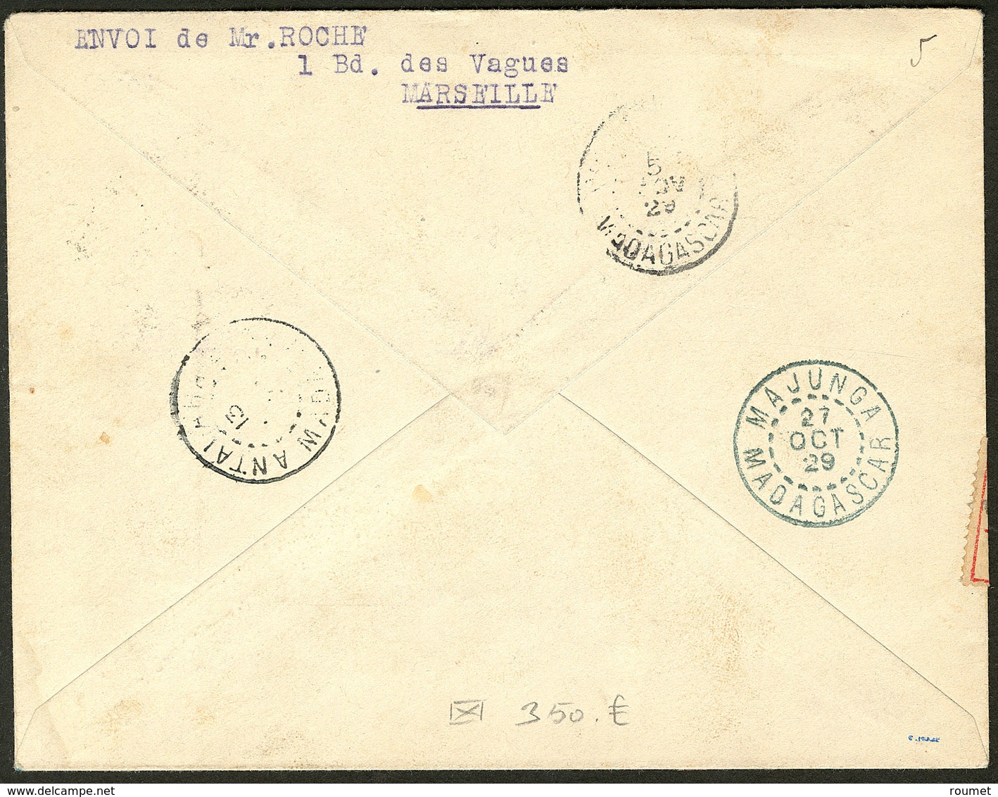 Lettre Aérogrammes. France-Madagascar 15 Août 29. Afft 253 (bloc De Quatre + Un) + 254 + 255 Paire Verticale + Divers Su - First Flight Covers