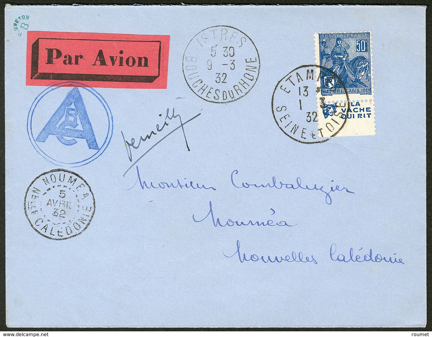 Lettre Aérogrammes. France-Nouvelle Calédonie 6 Mars-5 Avril 1932. Enveloppe Afft 257 Avec Pub Et Signature De Verneilh. - Eerste Vluchten