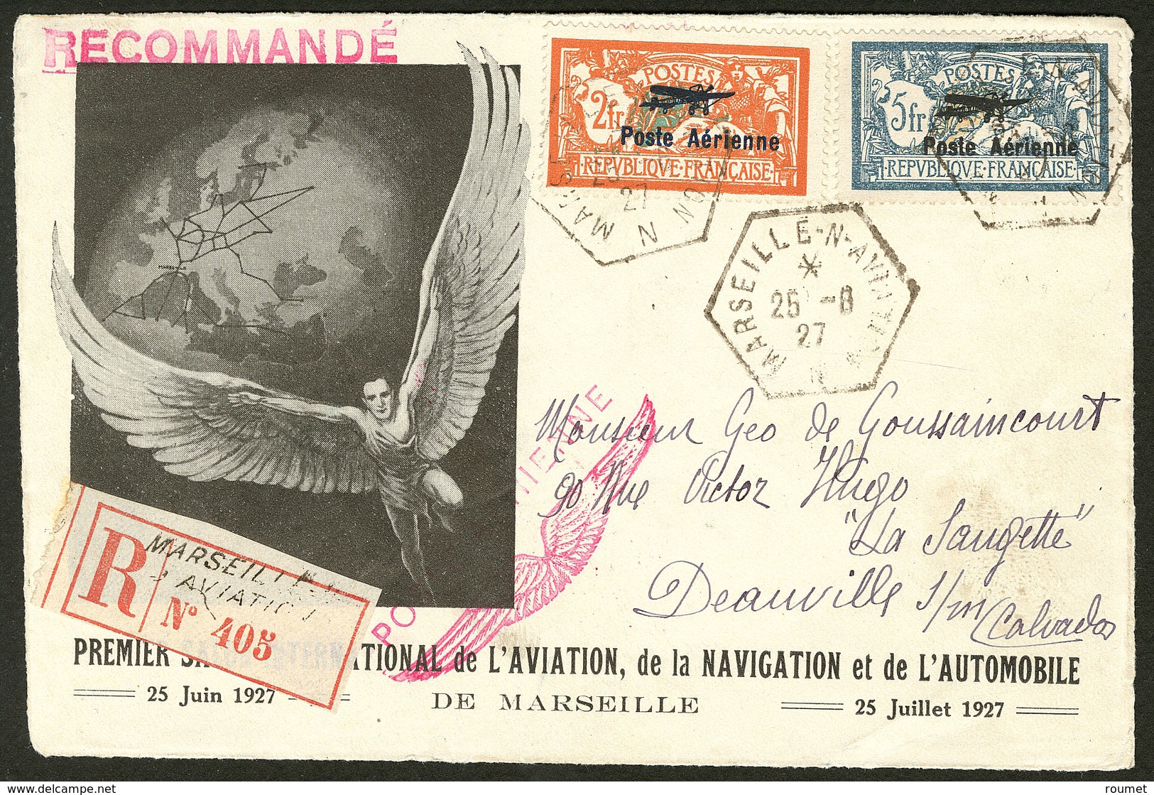 Lettre Nos 1 + 2, Sur Devant D'enveloppe Illustrée Recommandée De Marseille 25.6.27 Pour Deauville. - TB - Autres & Non Classés