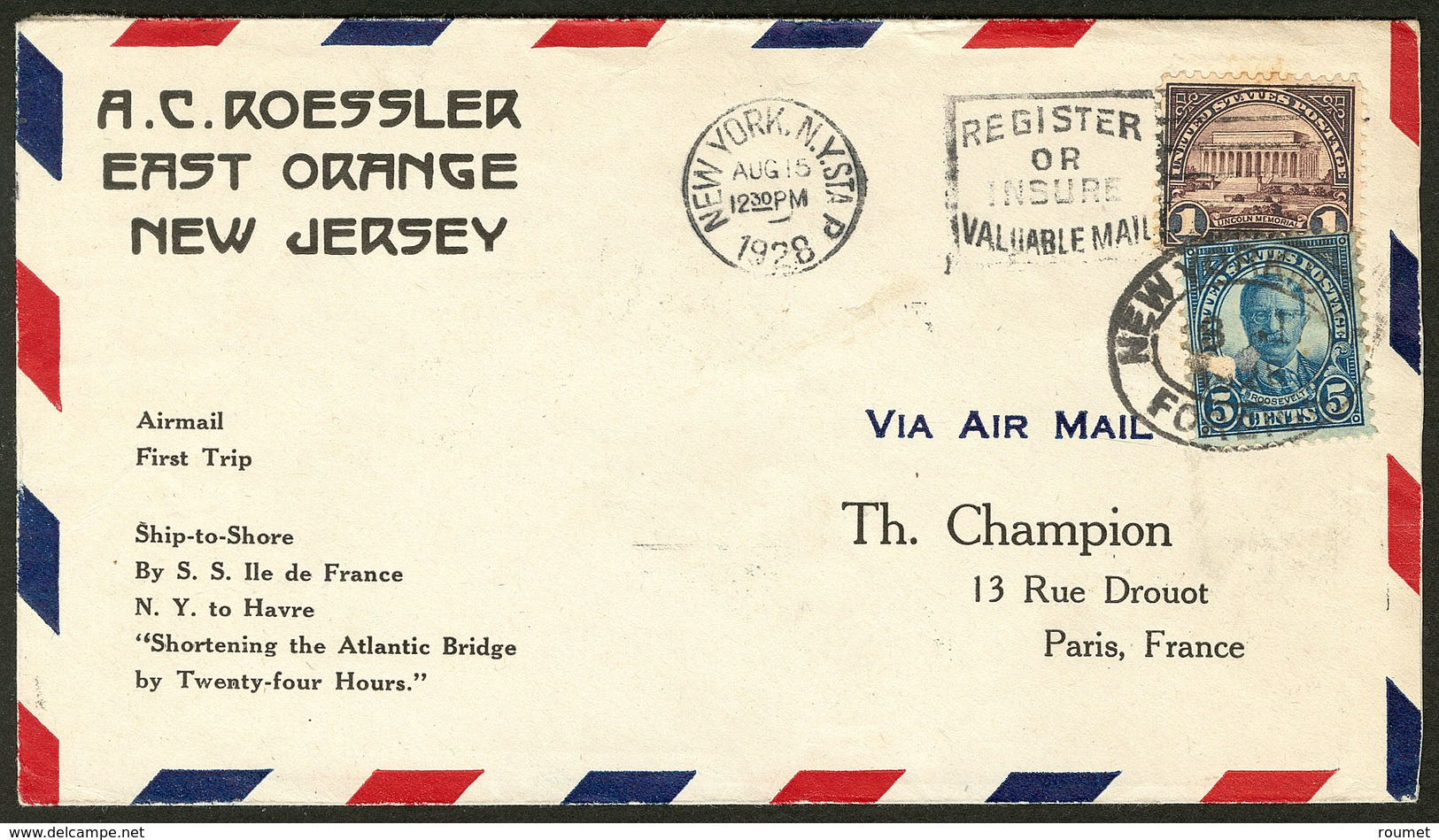 Lettre Ile De France. Catapulte. 1er Voyage Retour 15.8.28. Enveloppe Afft USA 232 + 246, Pour Paris. - TB - Andere & Zonder Classificatie