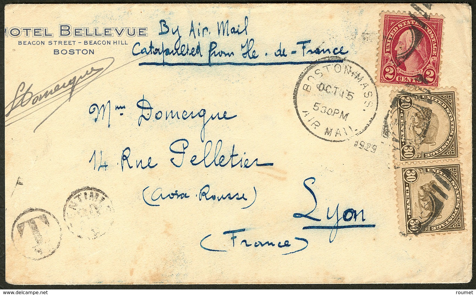 Lettre Ile De France. Catapulte. Enveloppe Afft USA 229 + 244 Paire Obl 15 Oct 29, Pour Lyon, Avec Signature Domergue. - - Andere & Zonder Classificatie