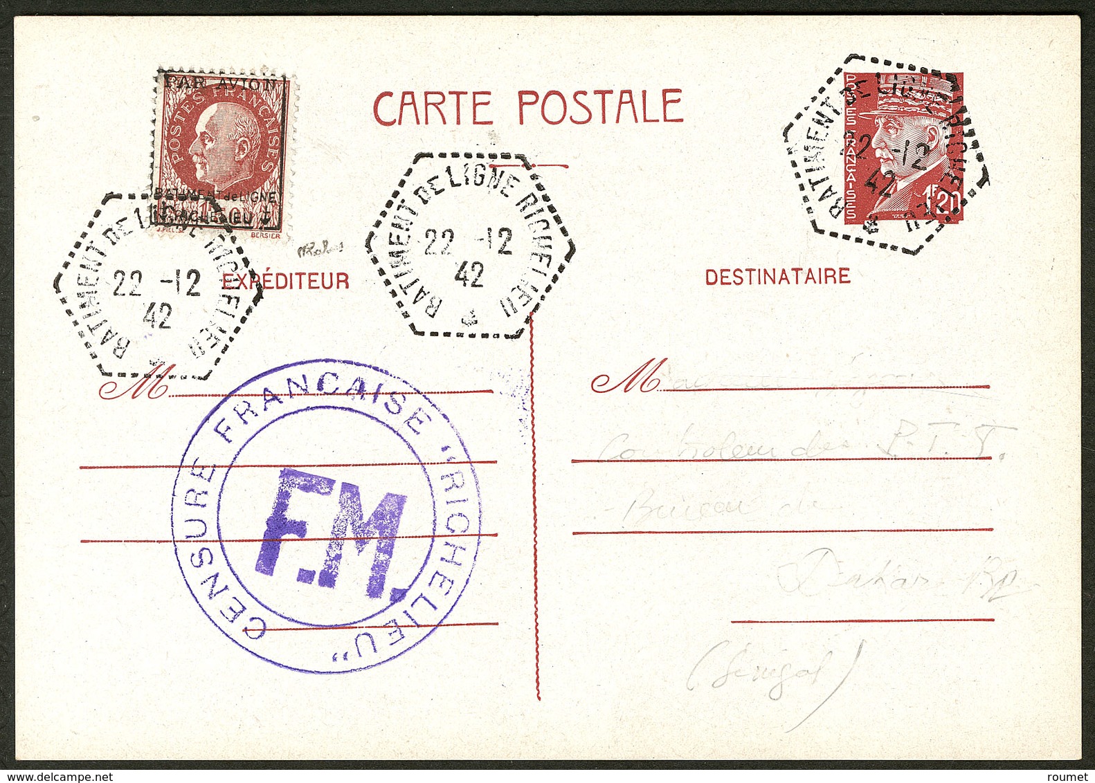 Lettre Richelieu. No 3 Sur CP Entier 1,20f Pétain, Obl Cad Hexagonal Richelieu 22.12.42. - TB. - R (cote Maury) - Military Airmail