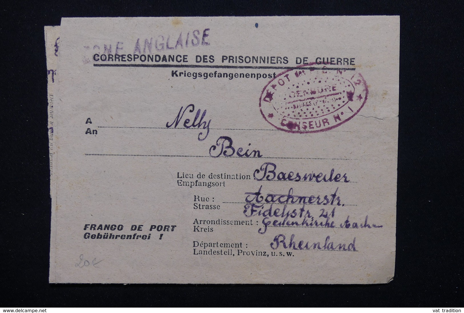 FRANCE - Formulaire De Prisonnier Allemand Pour Baesweiler - L 20873 - Guerre De 1939-45