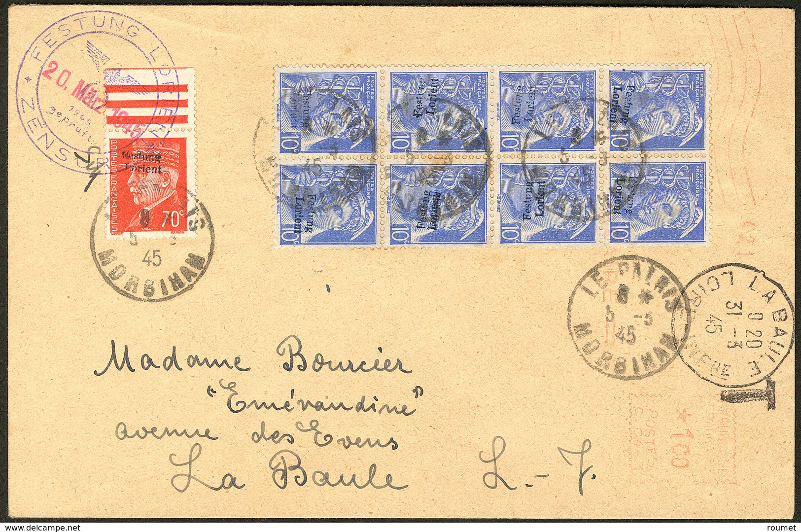 Lettre Nos 1 Bloc De Huit + 6 Bdf, Obl Censure 20 Mars 45, Sur Enveloppe Pour La Baule. - TB. - R (cote Mi.: 6800€) - War Stamps