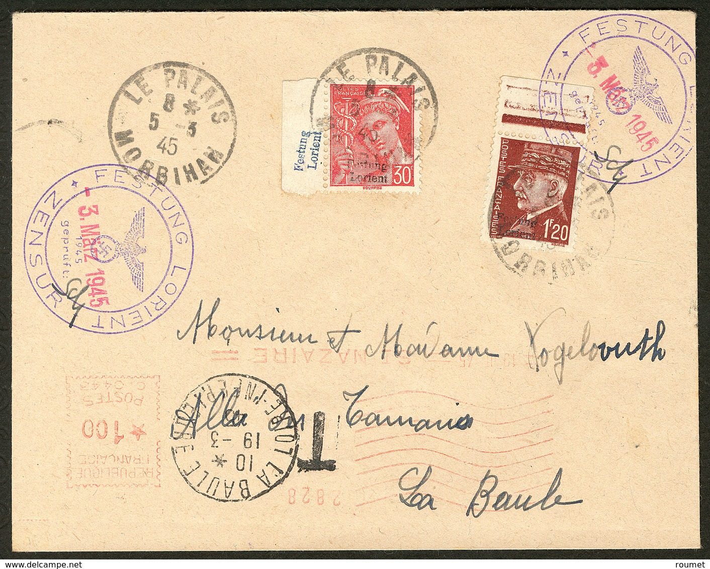 Lettre Nos 2 Bdf + 9 Bdf, Obl Censure 3 Mars 45 Sur Enveloppe Taxée Pour La Baule. - TB. - R (cote Mi.: 2200€) - War Stamps