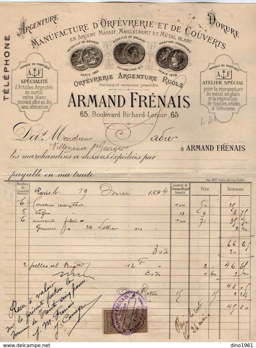 VP14.215 - Facture - Manufacture D'Orfèvrerie Et De Couverts Armand FRENAIS à PARIS Boulevard Richard - Lenoir - 1800 – 1899