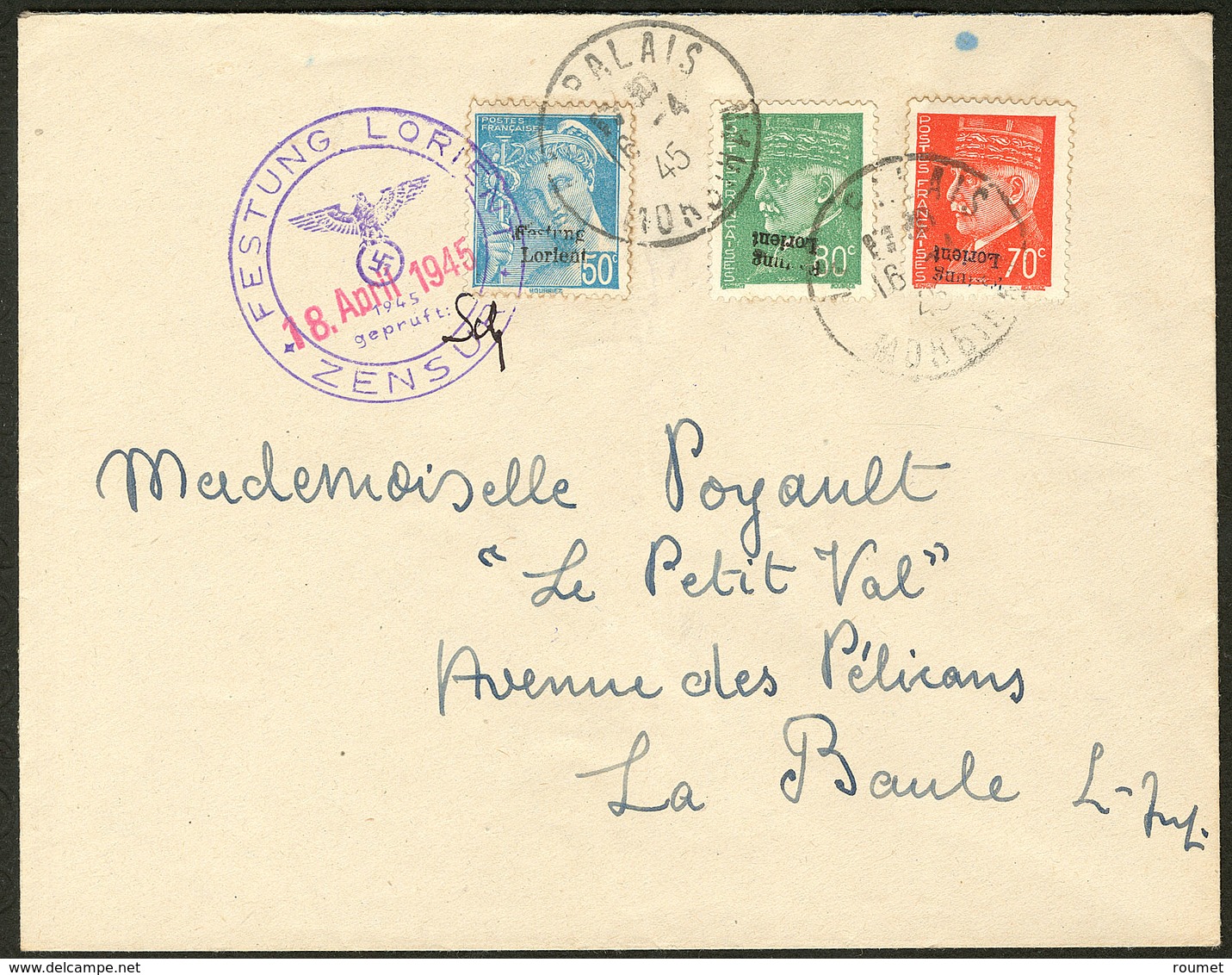 Lettre Nos 4 + 6 + 7, Obl Censure 18 Avril 45 Sur Enveloppe Pour La Baule. - TB. - R (cote Mi.: 2650€) - War Stamps